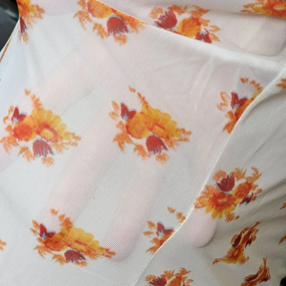 VTG Sheer‎ White Orange Floral Full Slip Sz M Lace Trim Poland 60s 70s Nylon